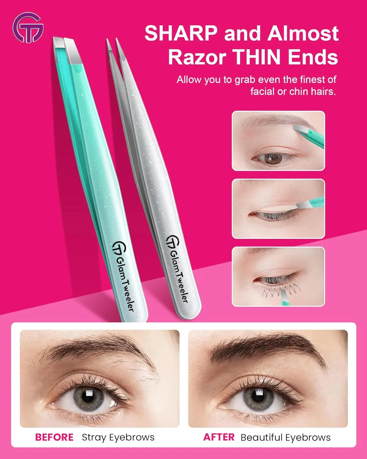 Expert Slant and Point Tip Tweezer Set with Exclusive Storage & Carrying Case, GlamTweeler Sharp & Precision Tweezer Set for Eyebrows, Facial Hairs & Fine Hairs Removal (Sparkle Mint Green   Silver)