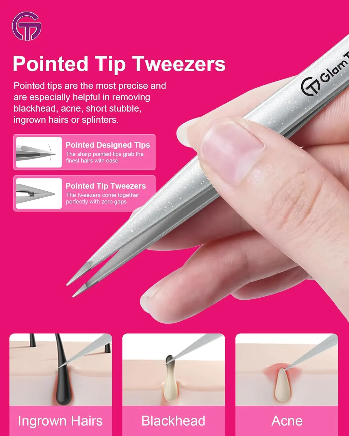 Expert Slant and Point Tip Tweezer Set with Exclusive Storage & Carrying Case, GlamTweeler Sharp & Precision Tweezer Set for Eyebrows, Facial Hairs & Fine Hairs Removal (Sparkle Mint Green   Silver)