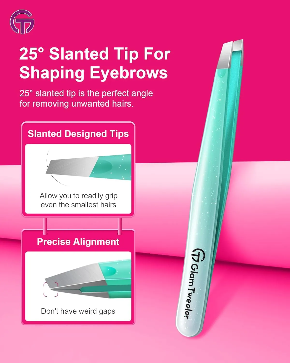 Expert Slant and Point Tip Tweezer Set with Exclusive Storage & Carrying Case, GlamTweeler Sharp & Precision Tweezer Set for Eyebrows, Facial Hairs & Fine Hairs Removal (Sparkle Mint Green   Silver)