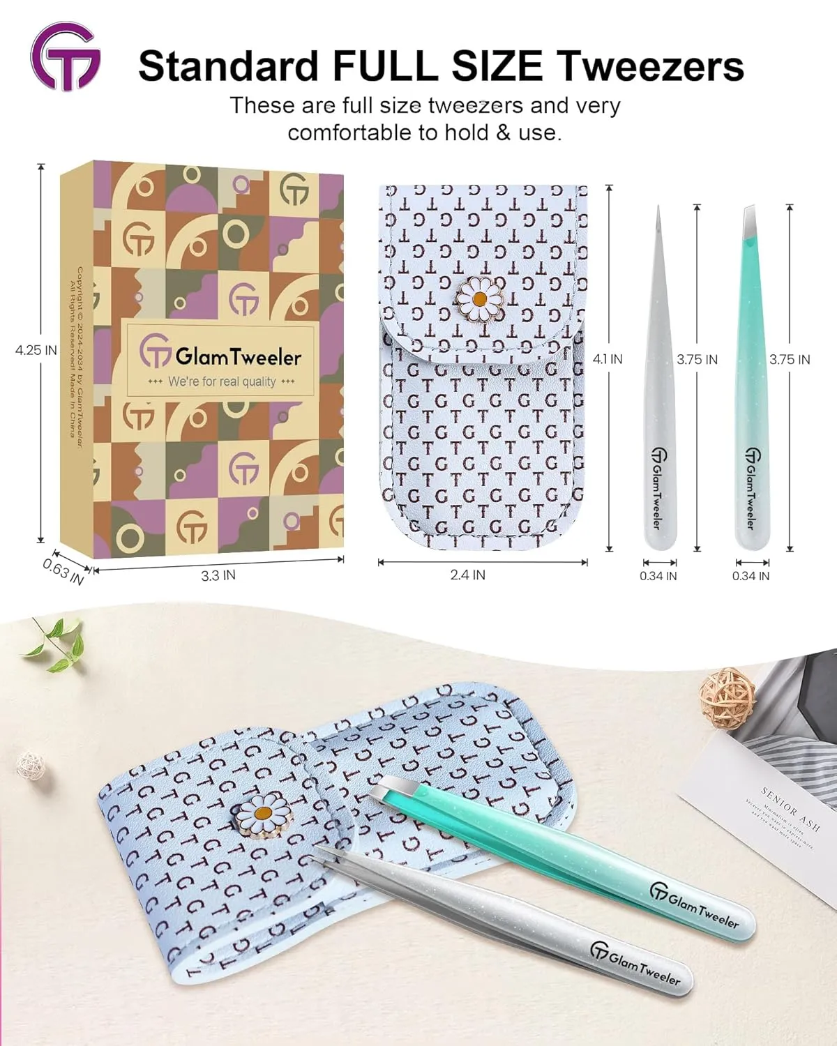 Expert Slant and Point Tip Tweezer Set with Exclusive Storage & Carrying Case, GlamTweeler Sharp & Precision Tweezer Set for Eyebrows, Facial Hairs & Fine Hairs Removal (Sparkle Mint Green   Silver)