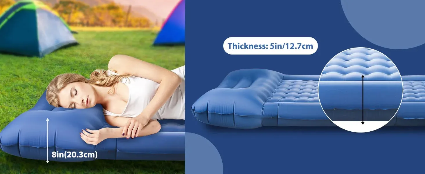 Extra Thick Camping Air Mattress, 5" Inflatable Pad with Pillow & Pump