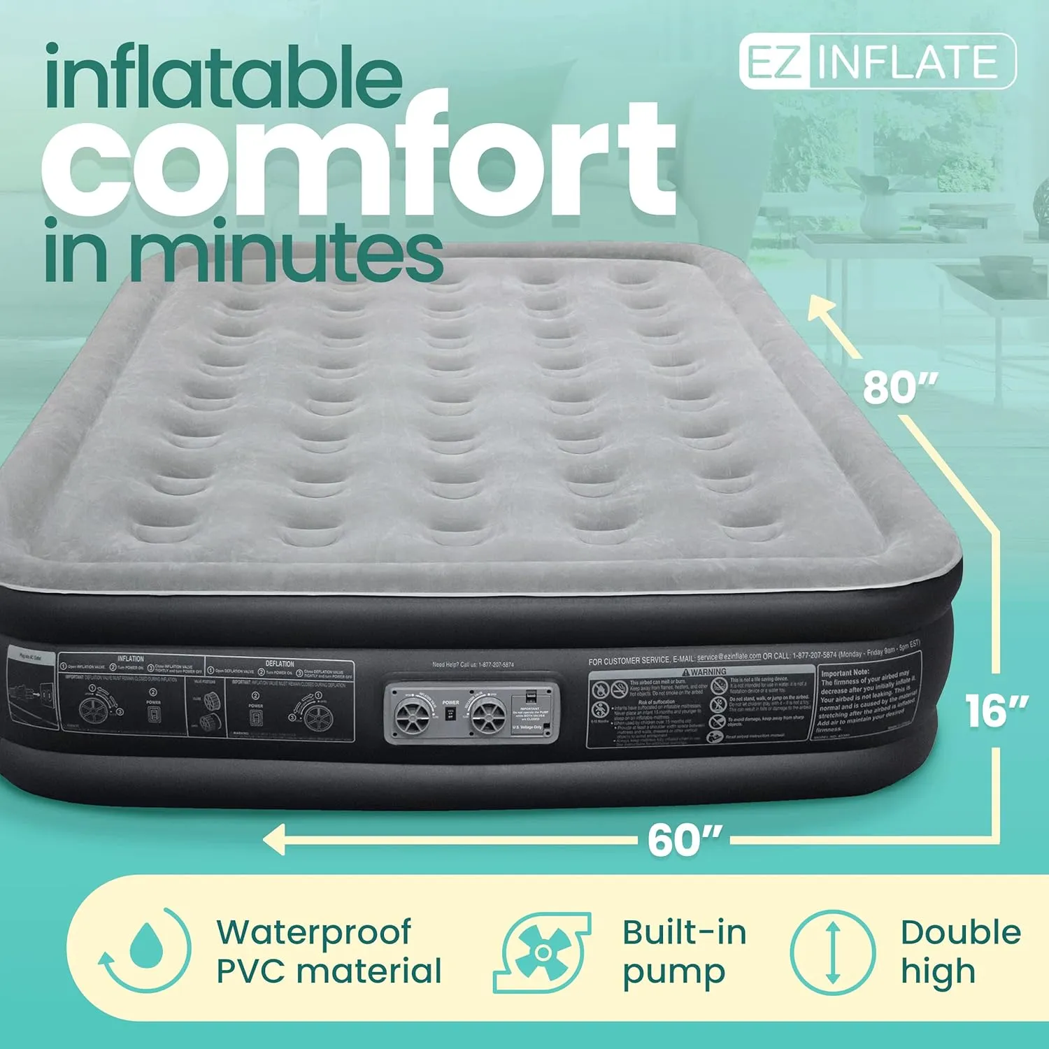 EZ INFLATE Double High Luxury Air Mattress with Built in Pump, Inflatable Mattress