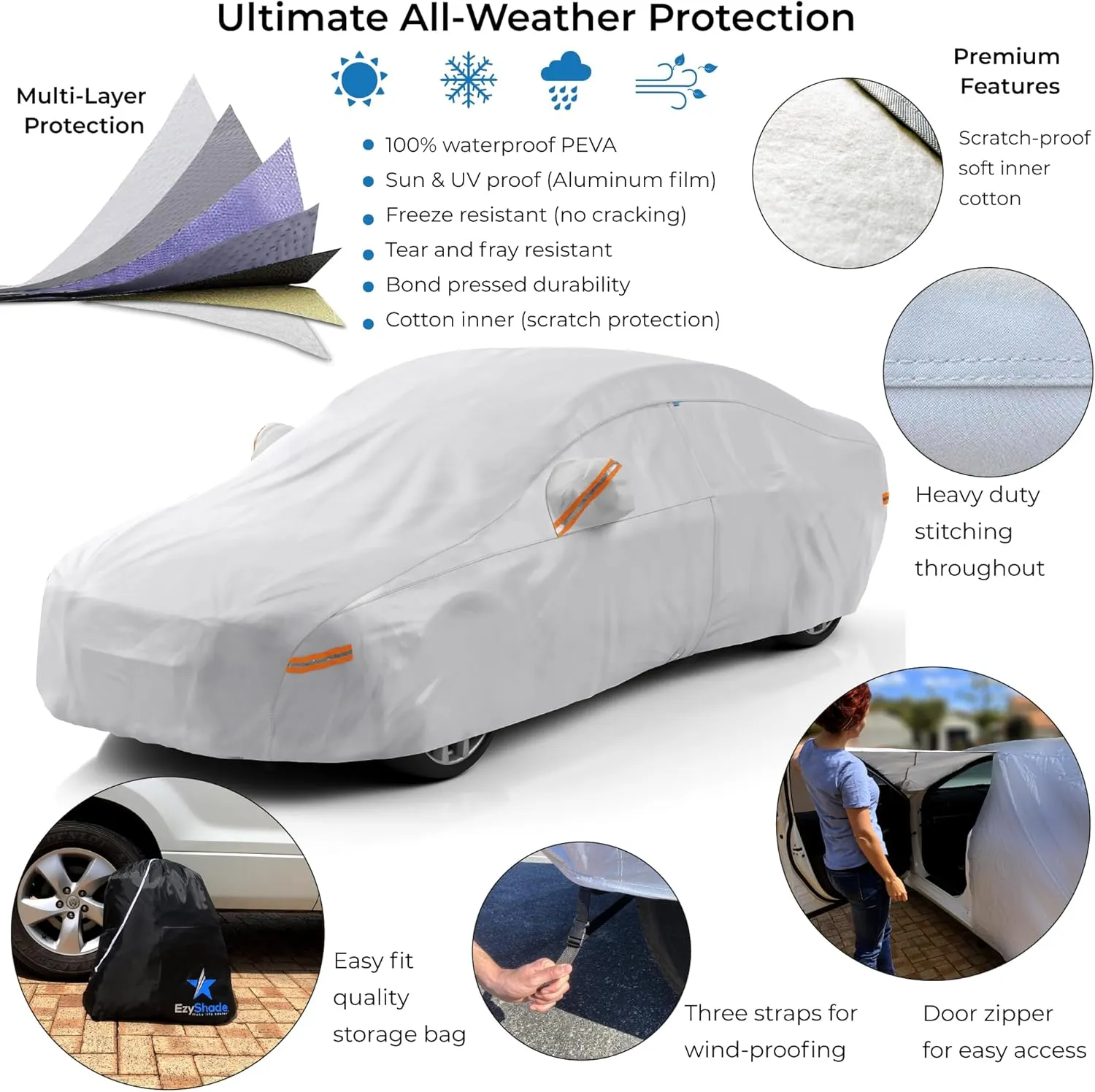 EzyShade 10-Layer Car Cover Waterproof All Weather - See Vehicle Size-Chart - Car Covers for Automobiles & Car Snow Cover - Full Exterior Covers - Winter Rain Sun SUV Sedan. Size A4 (See SizeChart)