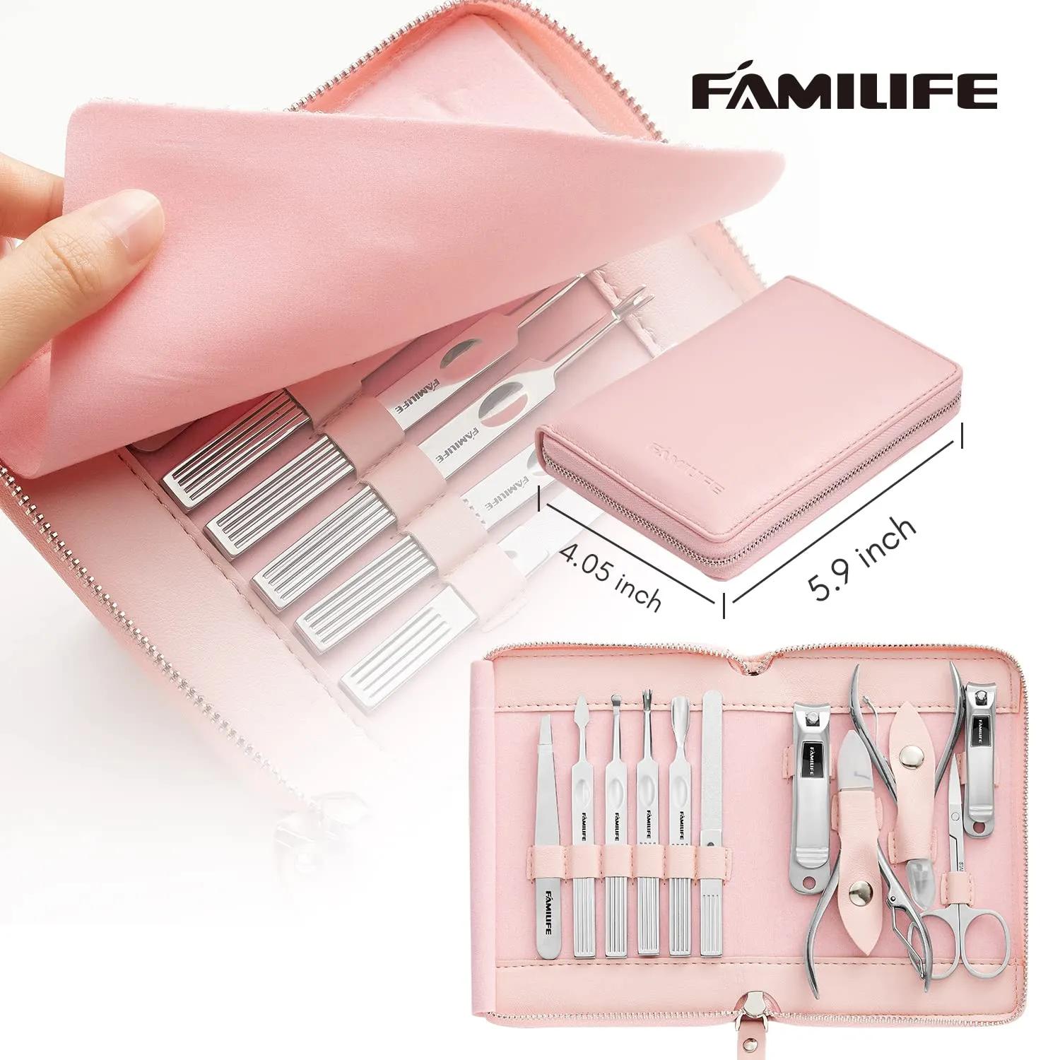 FAMILIFE Manicure Set Professional Manicure Kit Nail Kit - 11PCS Gifts For Her Nail Clippers for Women Stainless Steel Pedicure Sets Pink Leather Case