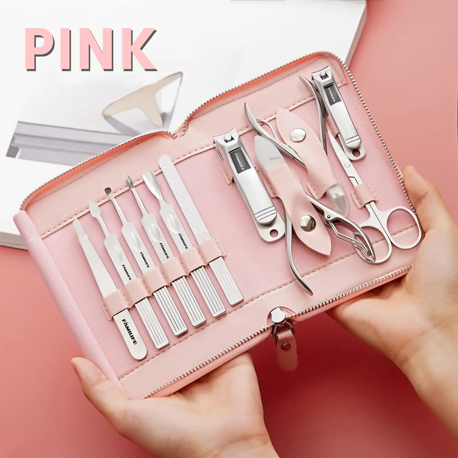 FAMILIFE Manicure Set Professional Manicure Kit Nail Kit - 11PCS Gifts For Her Nail Clippers for Women Stainless Steel Pedicure Sets Pink Leather Case