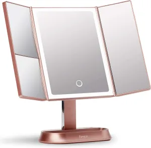 Fancii Makeup Mirror with Natural LED Lights, Lighted Trifold Vanity Mirror with 5X & 7X Magnifications - 40 Dimmable Lights, Touch Screen, Cosmetic Stand - Sora (Rose Gold)