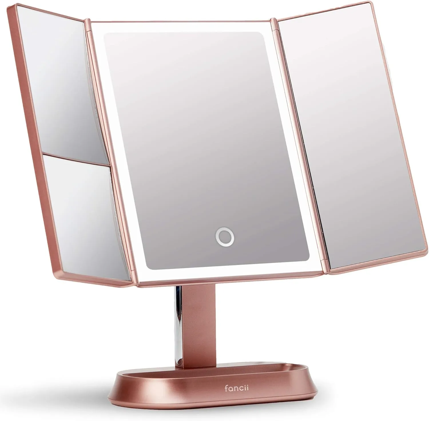 Fancii Makeup Mirror with Natural LED Lights, Lighted Trifold Vanity Mirror with 5X & 7X Magnifications - 40 Dimmable Lights, Touch Screen, Cosmetic Stand - Sora (Rose Gold)