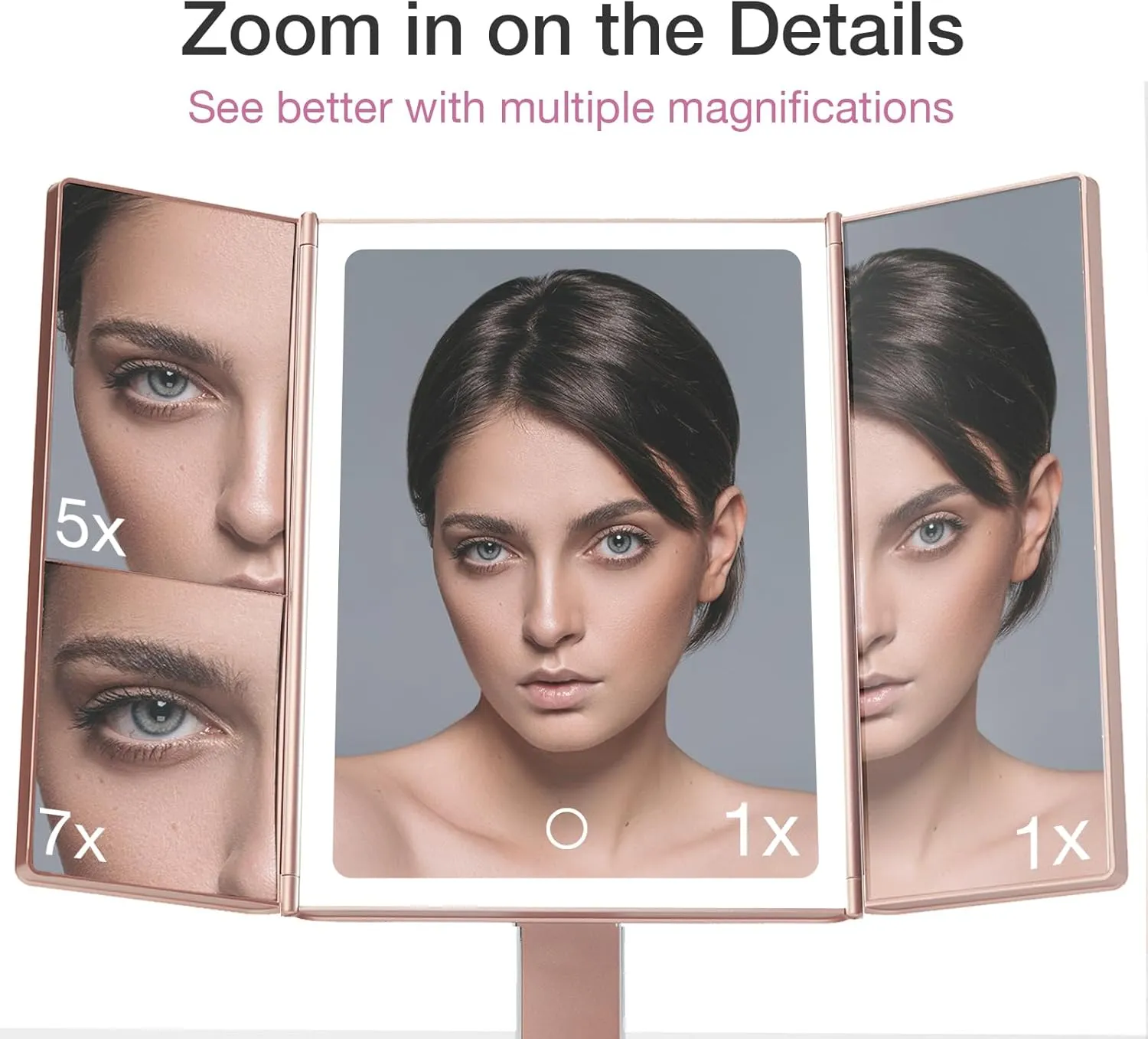 Fancii Makeup Mirror with Natural LED Lights, Lighted Trifold Vanity Mirror with 5X & 7X Magnifications - 40 Dimmable Lights, Touch Screen, Cosmetic Stand - Sora (Rose Gold)