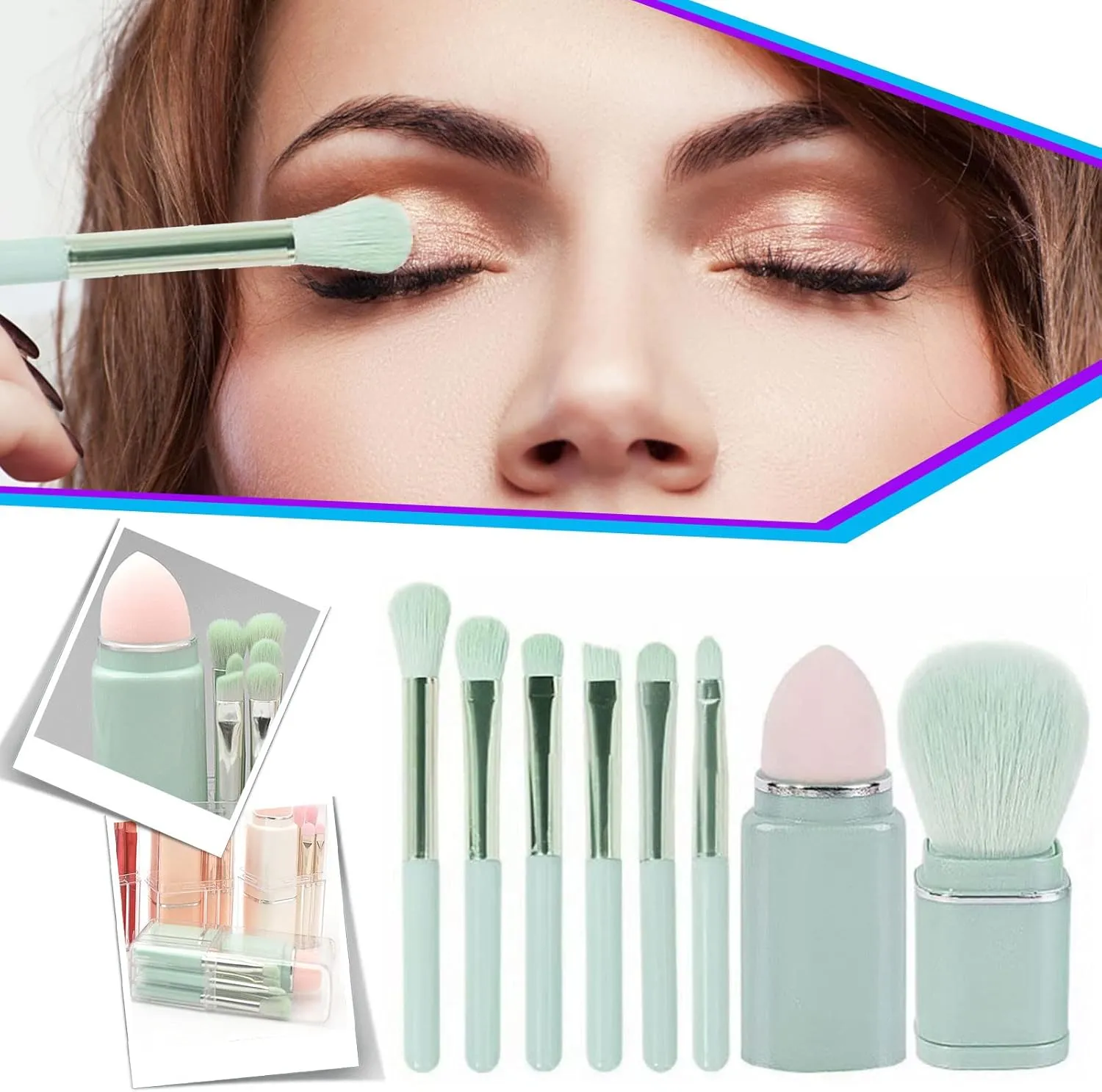 Fashion Portable Makeup Brush Set Foundation Brush Eye Shadow Brush Powder Brush Set Total 8PC Hair Brush with Hole in The Middle(Blue)