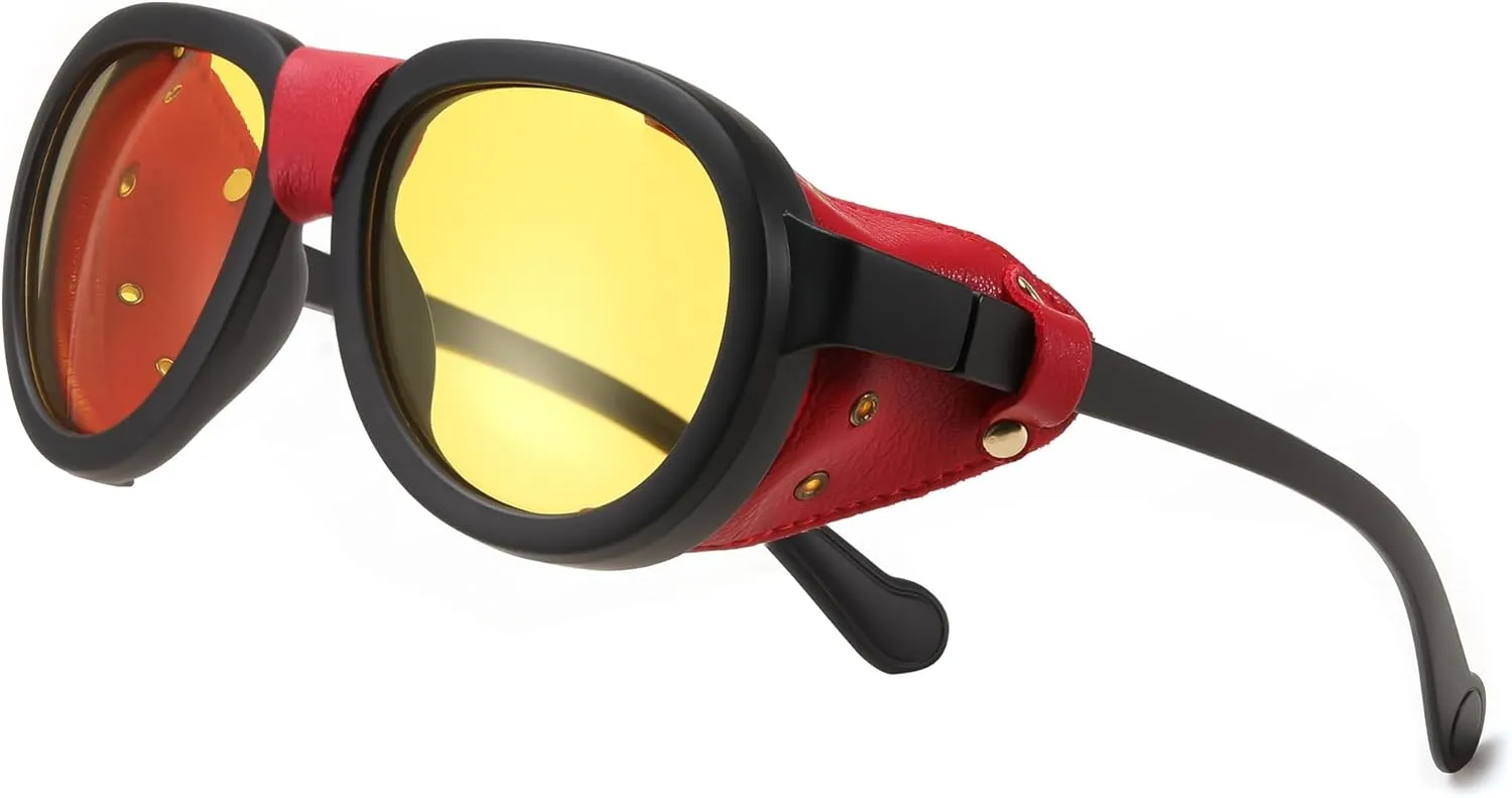 FEISEDY Steampunk Sunglasses Women Men，Polarized Yellow Lens, Retro Round Vintage Frame Leatherwear B0159