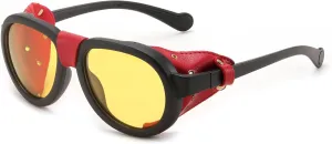 FEISEDY Steampunk Sunglasses Women Men，Polarized Yellow Lens, Retro Round Vintage Frame Leatherwear B0159