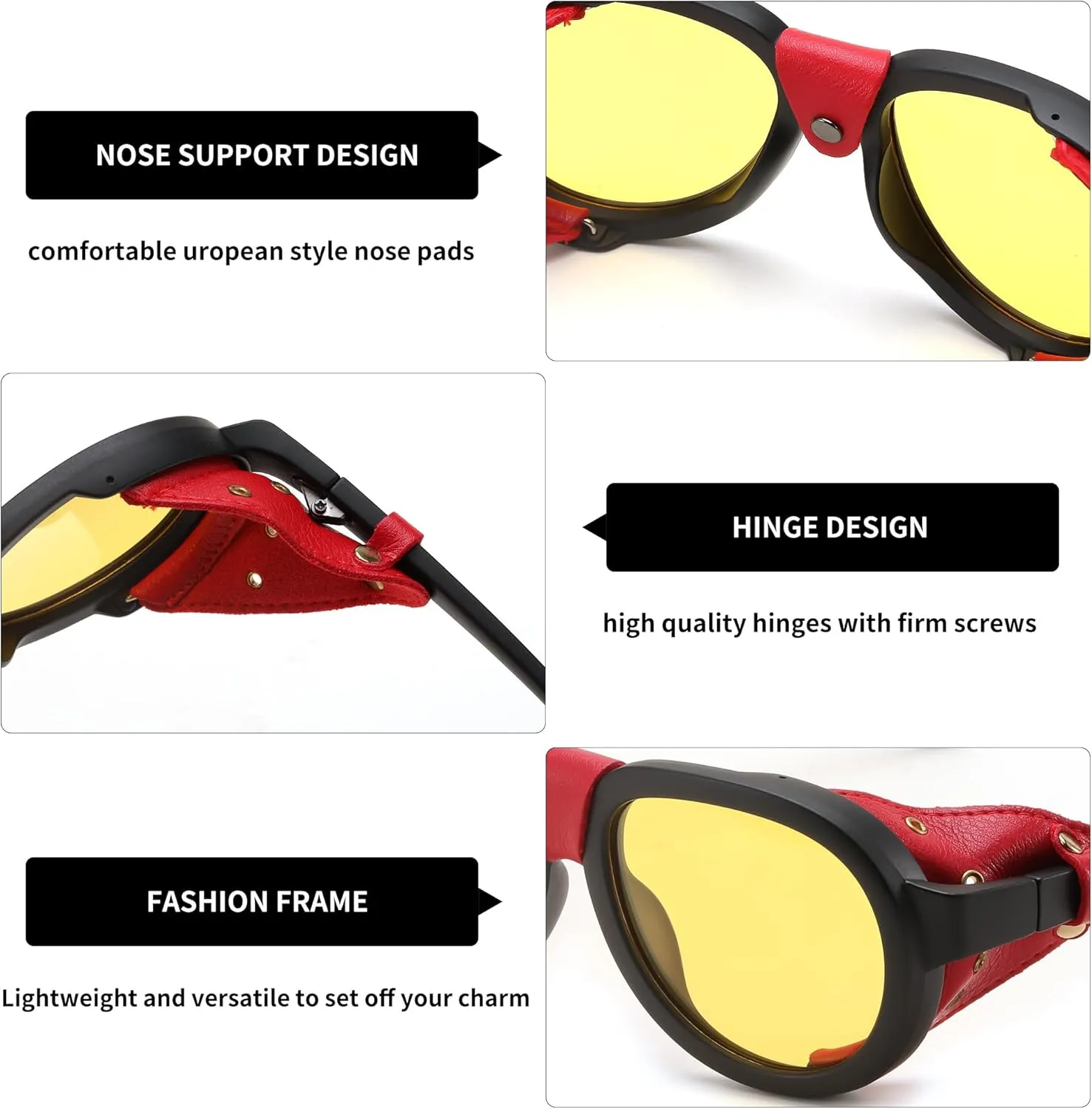 FEISEDY Steampunk Sunglasses Women Men，Polarized Yellow Lens, Retro Round Vintage Frame Leatherwear B0159
