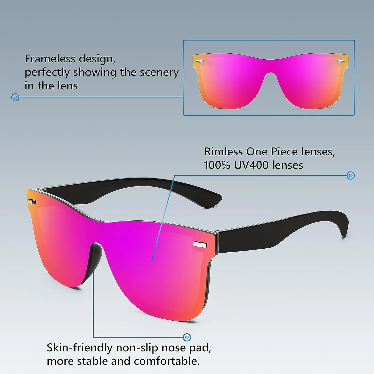 FEISEDY Trendy Rimless Mirrored One Piece Lens Sunglasses Reflective Sun Glasses B4114