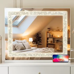Fenair Vanity Mirror with Lights 22.8’ * 18.1’ Diamond Light Strip Makeup Mirror with Tempered Glass, 3 Color Modes Light up Mirror with USB Charging Port, 10X Magnification and Smart Touch, White