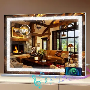 Fenair Vanity Mirror with Lights and Bluetooth Speaker 31.5"x23.4" Crushed Diamond Light Strip Makeup Mirror, 3 Colors Light up Mirror with USB Charging Port, 10X Magnification and Smart Touch，White