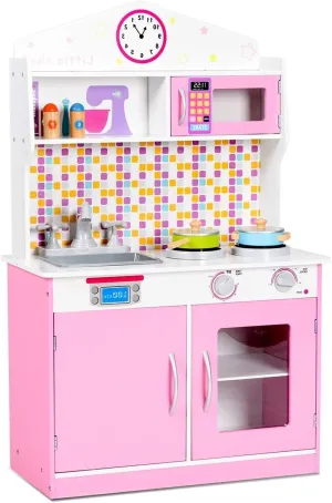 FFlyer Kids Kitchen Playset, Wooden Pretend Cooking Playset w/Cookware Accessories, Removable Sink, Microwave, Display Shelf, Toddler Pretend Play Kitchen Toy, Best Gift for Girl, Pink