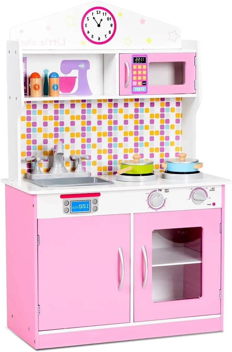 FFlyer Kids Kitchen Playset, Wooden Pretend Cooking Playset w/Cookware Accessories, Removable Sink, Microwave, Display Shelf, Toddler Pretend Play Kitchen Toy, Best Gift for Girl, Pink