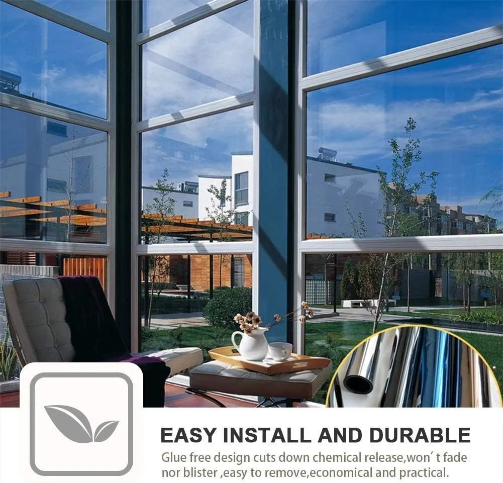 Filmgoo Window Tint for Home One Way Daytime Privacy Window Film Heat Blocking Anti UV Mirrored Reflective Window Film for Home and Office, Black Silver, 29.5 Inch x 6.5 Feet