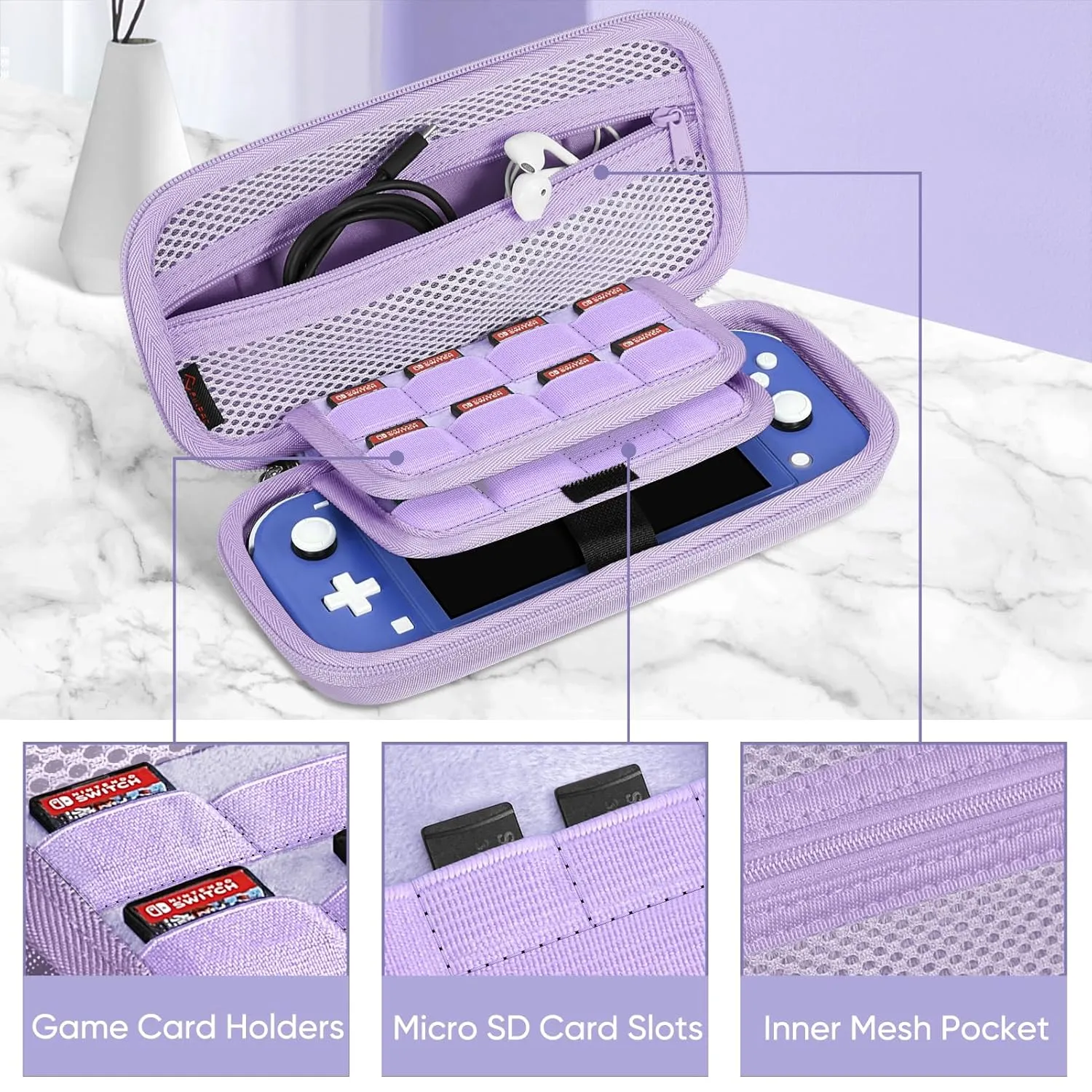 FINTIE Carrying Case for Nintendo Switch Lite 2019, [Shockproof] Hard Shell Protective Cover Travel Bag with Game Card & Micro SD Card Slots for Switch Lite Console & Accessories, Lilac Purple