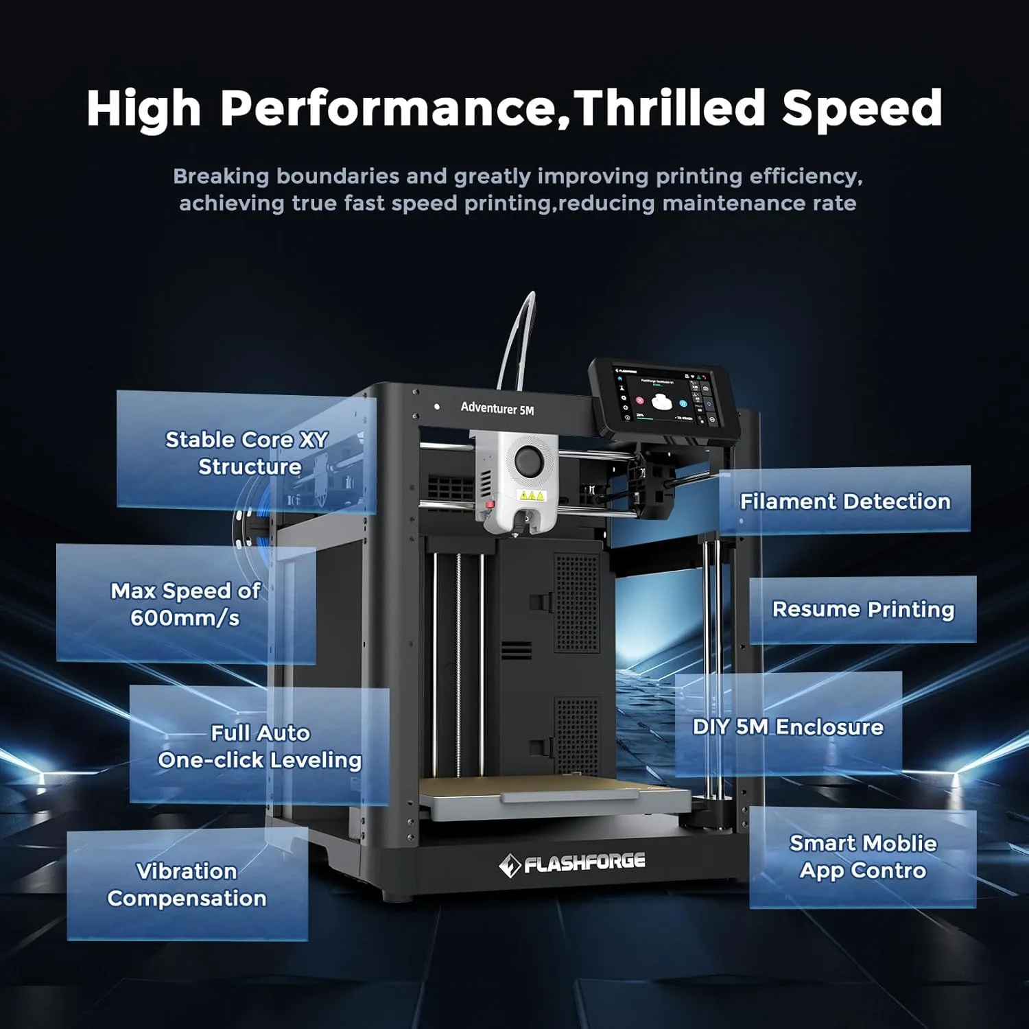 FLASHFORGE Adventurer 5M 3D Printer,600mm/s Max Speed Core XY 3D Printers with Auto Leveling,280°C Direct Extruder, 3s Detachable Nozzle, Dual-Sided PEI Platform,Dual Cooling, for Home,Kids,Beginners