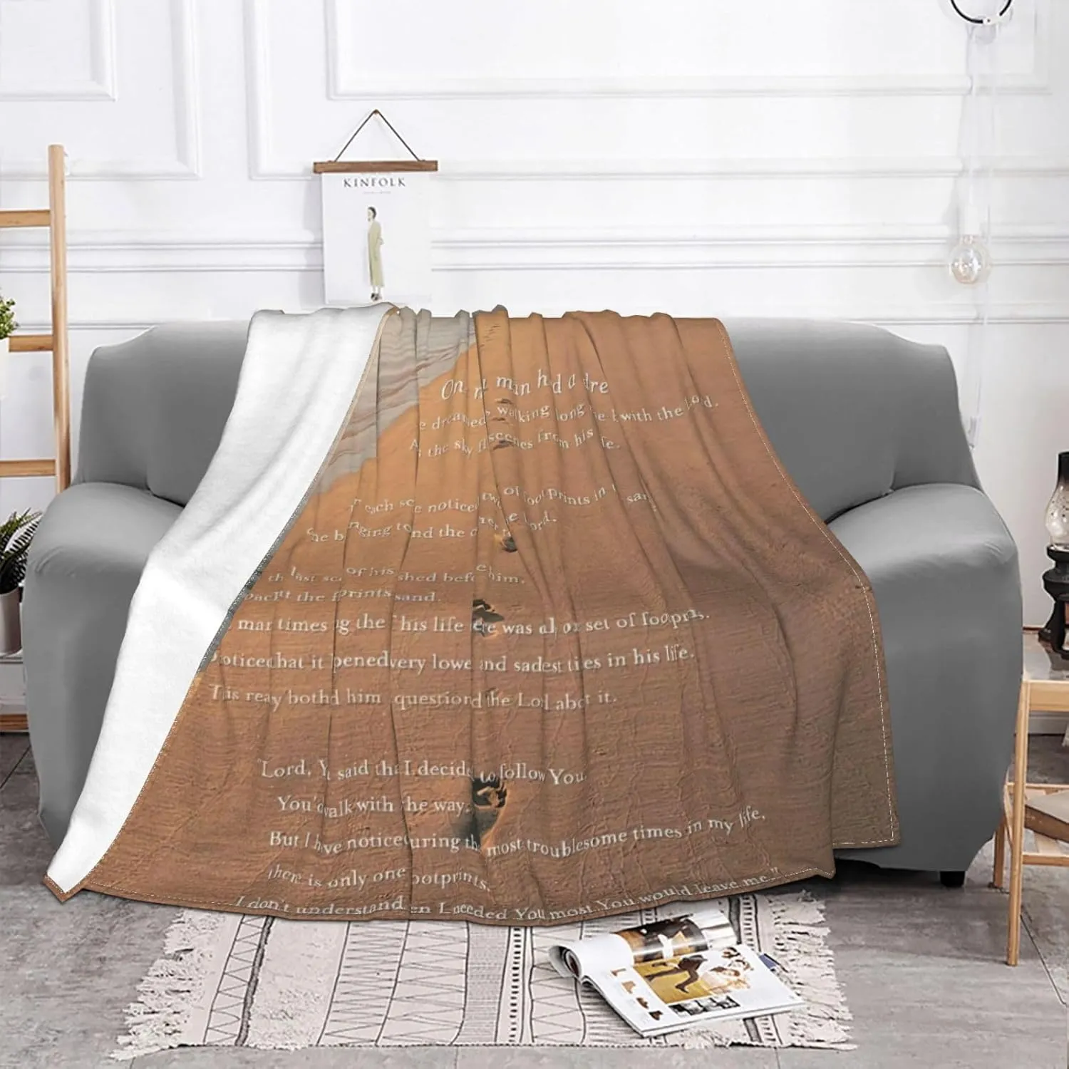 Footprints in The Sand Poem 60"X50" Flannel Blanket - 100% Soft Polyester, Lightweight and Warm, Suitable for Families, Camping, Travel