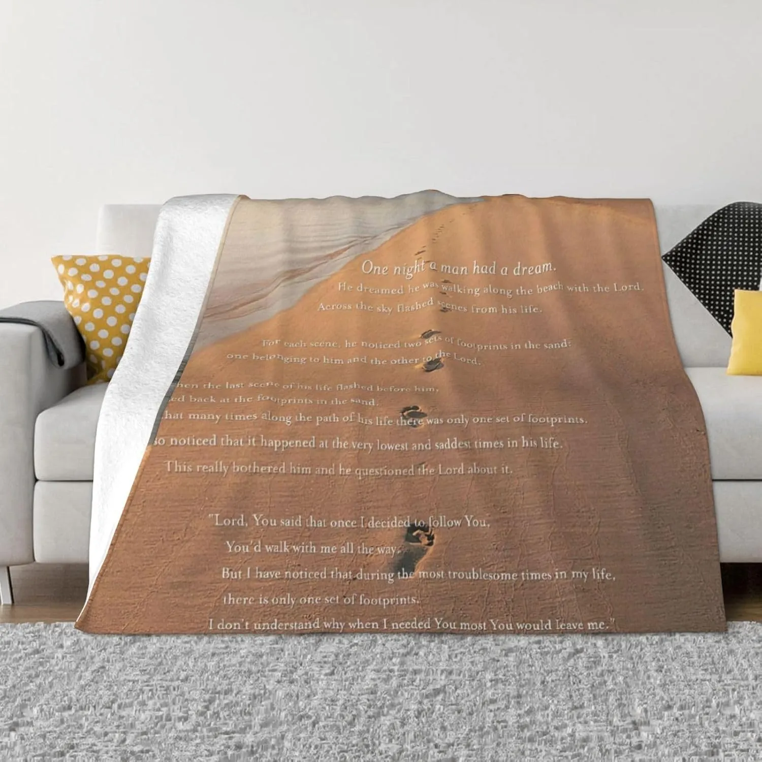 Footprints in The Sand Poem 60"X50" Flannel Blanket - 100% Soft Polyester, Lightweight and Warm, Suitable for Families, Camping, Travel