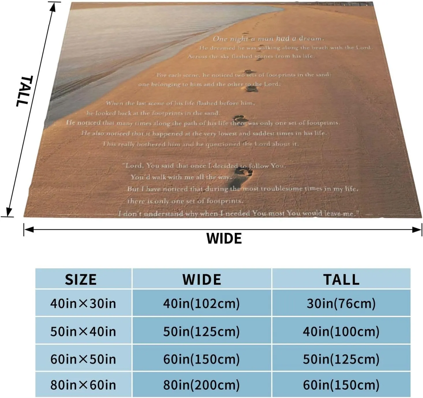 Footprints in The Sand Poem 60"X50" Flannel Blanket - 100% Soft Polyester, Lightweight and Warm, Suitable for Families, Camping, Travel