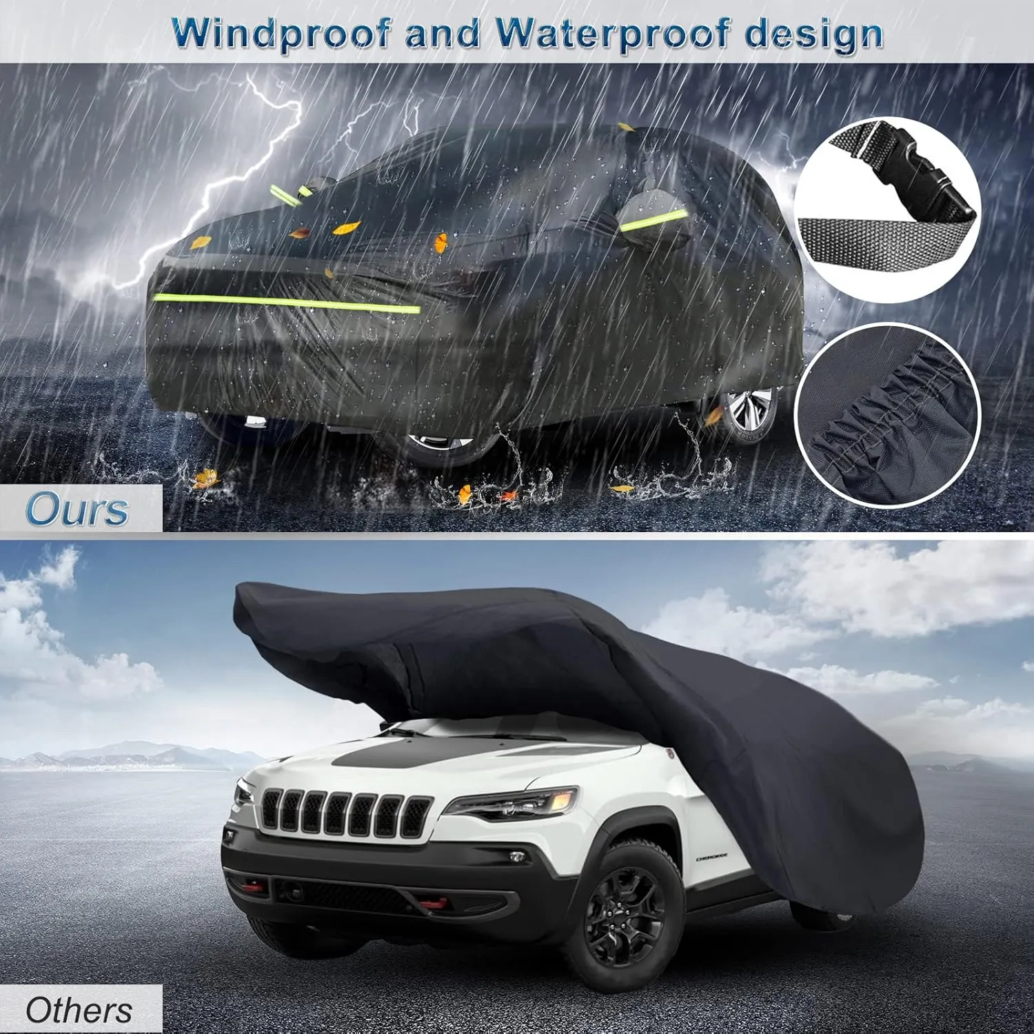 for Jeep Grand Cherokee Car Cover All Weather Waterproof Windproof 6 Layer Full SUV Car Covers Custom Fit for 2011-2023 Jeep Grand Cherokee WK2 with Door Zipper and Storage Bag (Up to 193” L)