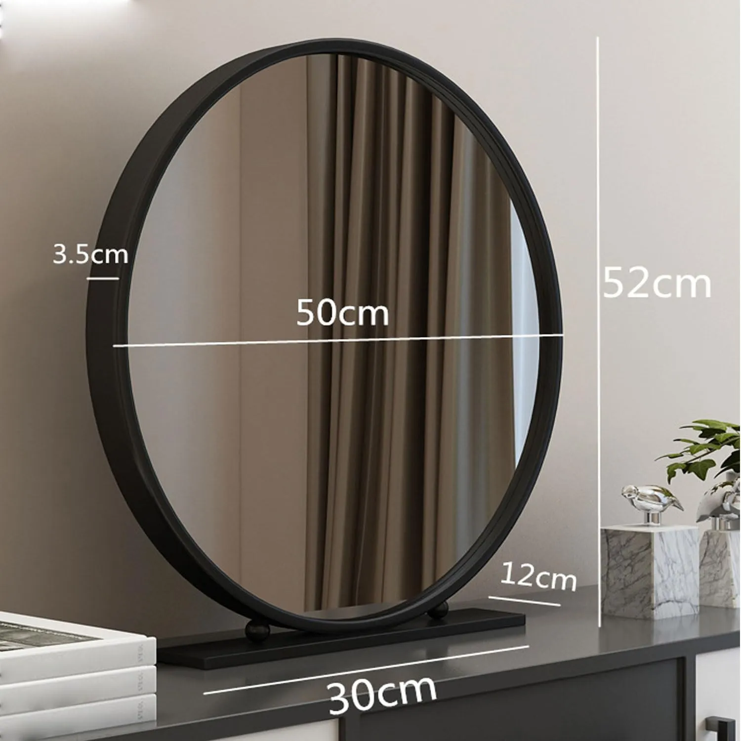 Free Standing Dressing Table Mirror Bedroom Makeup or Shaving Mirrors with Base Round Table Top Mirror - Diameter 30/40/50CM,50cm,Black