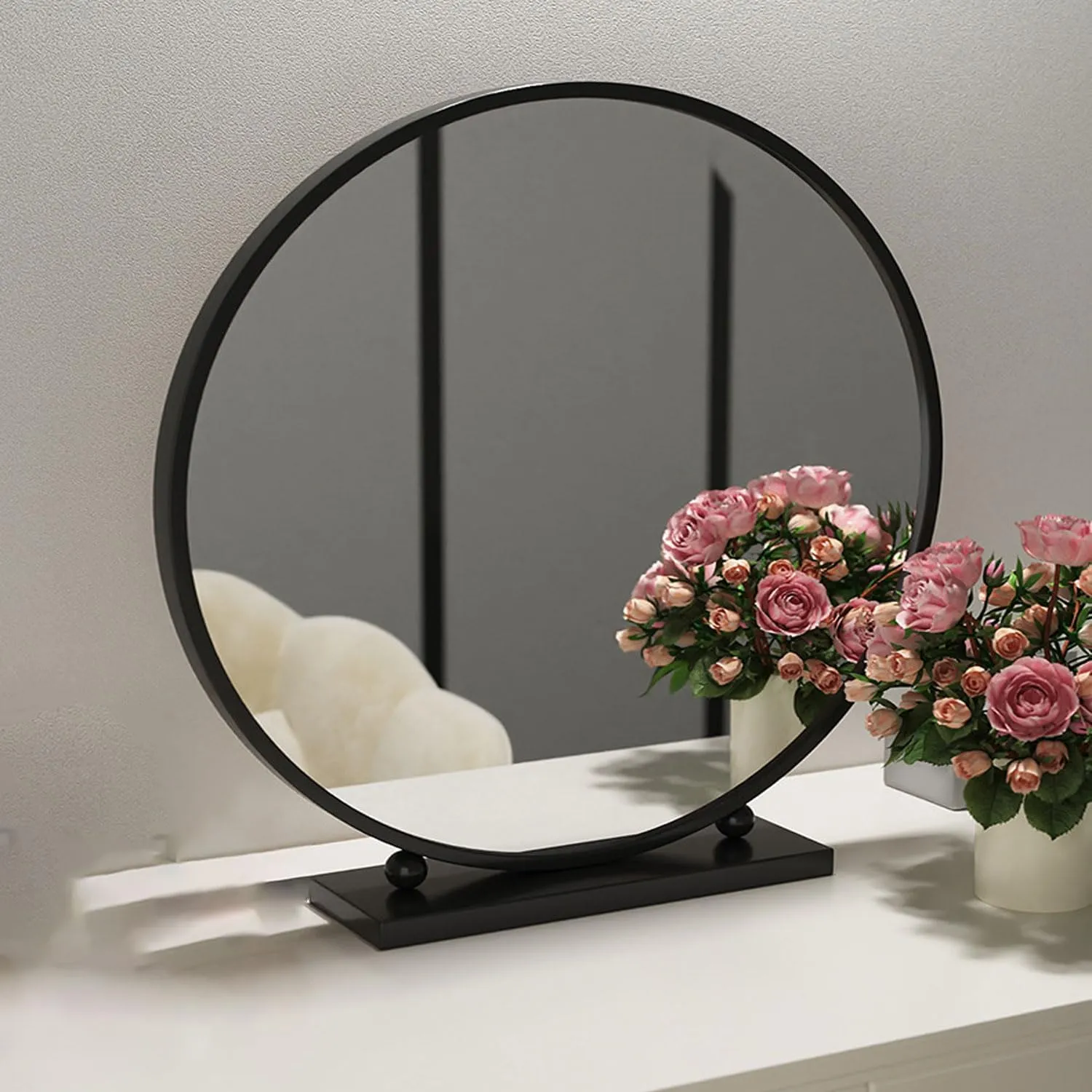 Free Standing Dressing Table Mirror Bedroom Makeup or Shaving Mirrors with Base Round Table Top Mirror - Diameter 30/40/50CM,50cm,Black