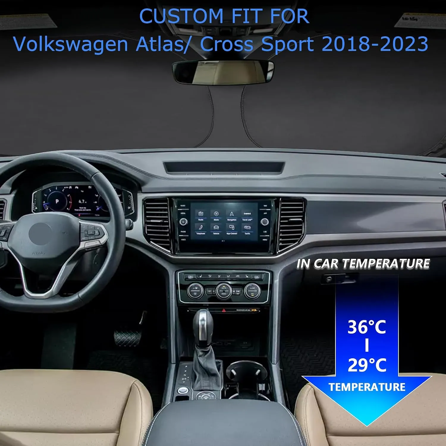 Front Windshield Sun Shade Compatible with Volkswagen Atlas/Atlas Cross Sport Accessories 2018-2024 Window Sunshade Sun Visor Cover Foldable Sunshade Protector 2024 Upgrade