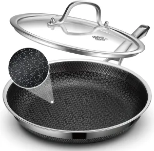 Frying Pan with Lid, 10 Inch Hybrid Non Stick Stainless Steel Skillets, Dishwasher Induction Oven Broiler Safe, Non Toxic Chef's Pan, PFOA Free Cookware
