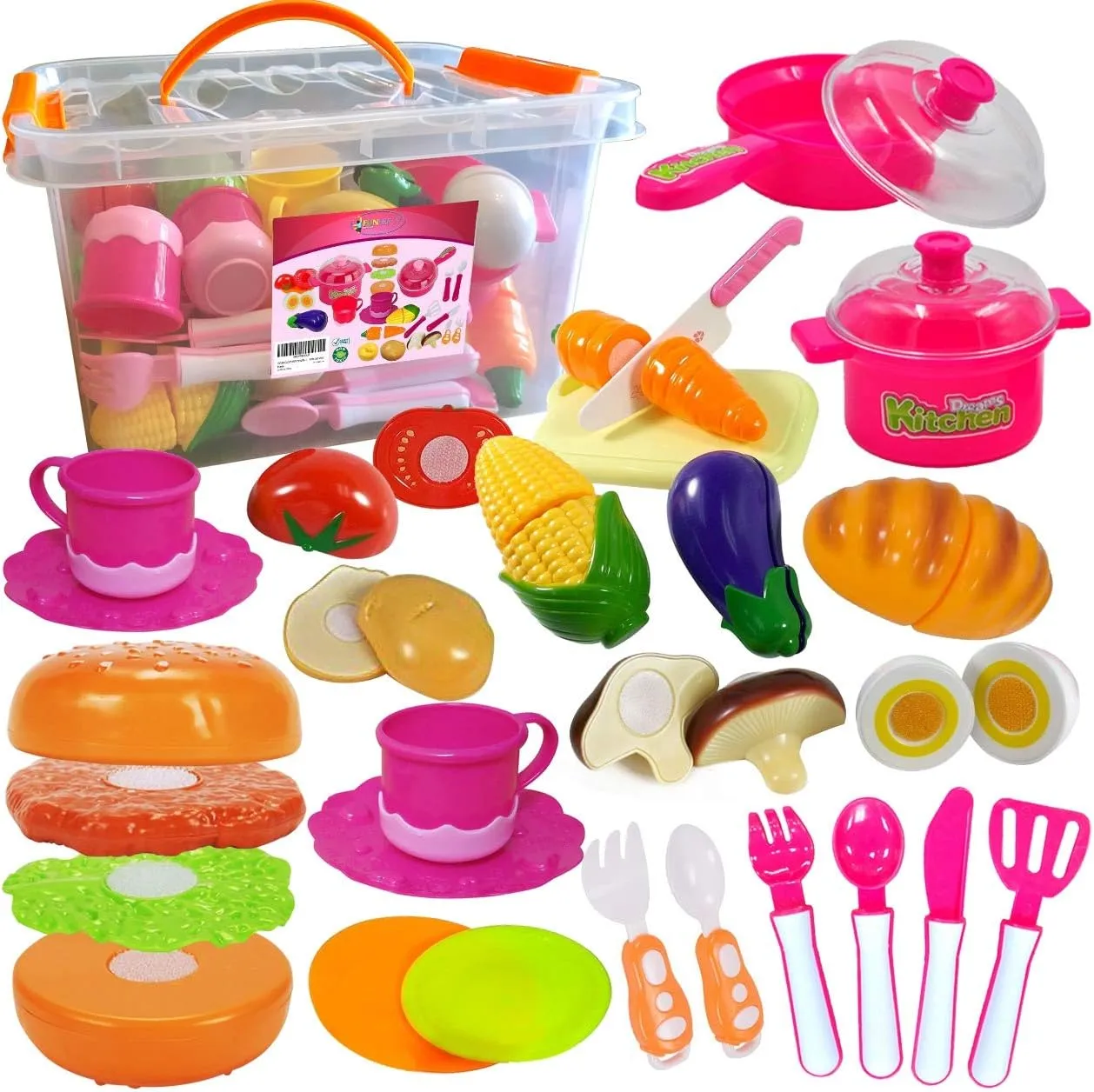 FUNERICA Pretend Play Food and Dishes Set - with Cookware, Pots and Pans Set, Toy Plates, Cups, Knife, Kids Kitchen Utensils, Large Cuttable Vegetables, Burger Sandwich and Egg