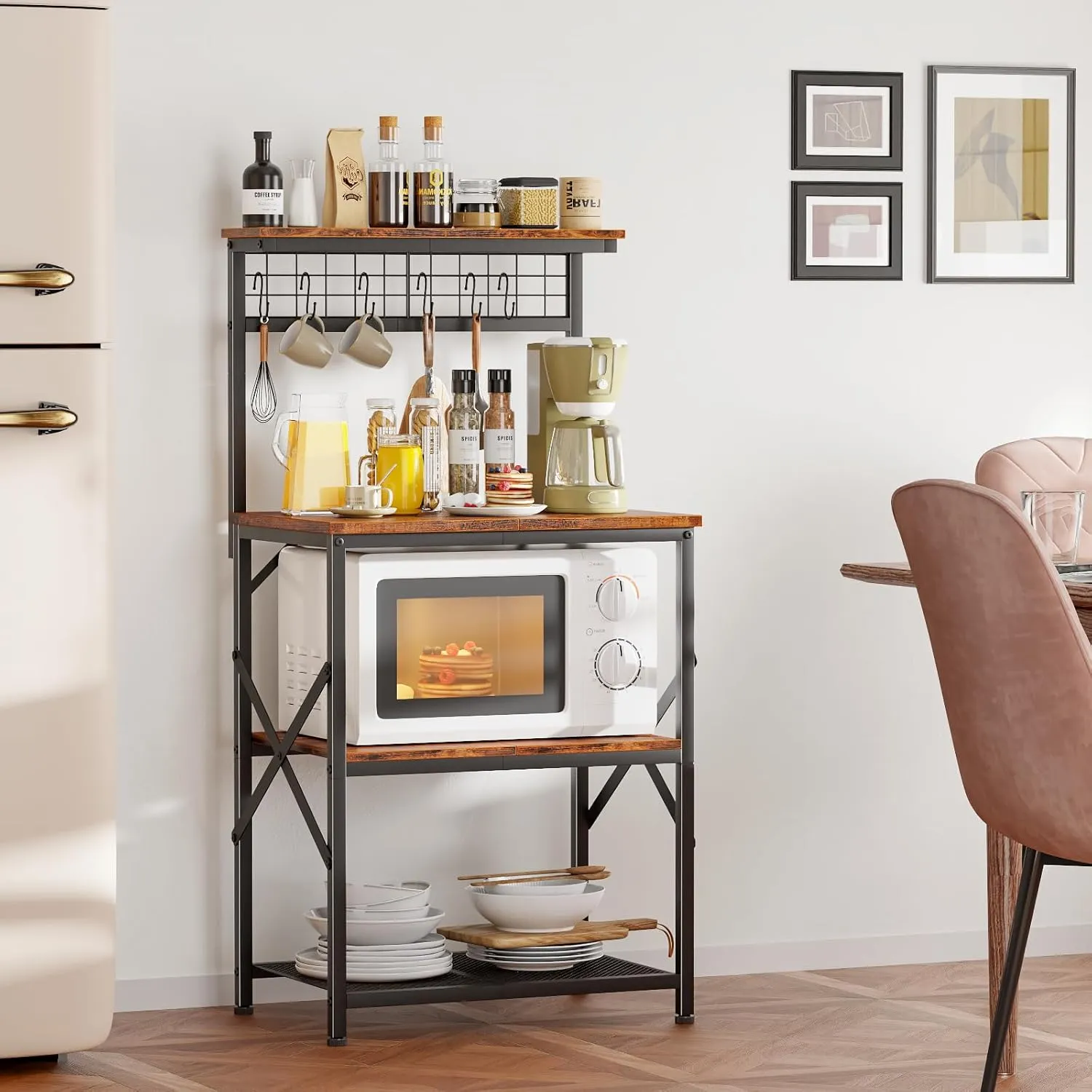 Furologee Kitchen Bakers Rack with Hutch, Coffee Bar Station 4 Tiers, Microwave Oven Stand with 6 S Hooks and Pegboard, Kitchen Microwave Rack for Spice Organizer Workstation, Rustic Brown