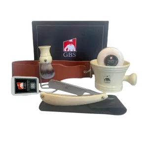 G.B.S Stylish Shaving Set - Shave Ready Straight Razor, Honing Sharpening Strop, Straight Razor Leather Case, Ceramic Mug Brush with Stand, Alum, Shaving Soap, Ivory