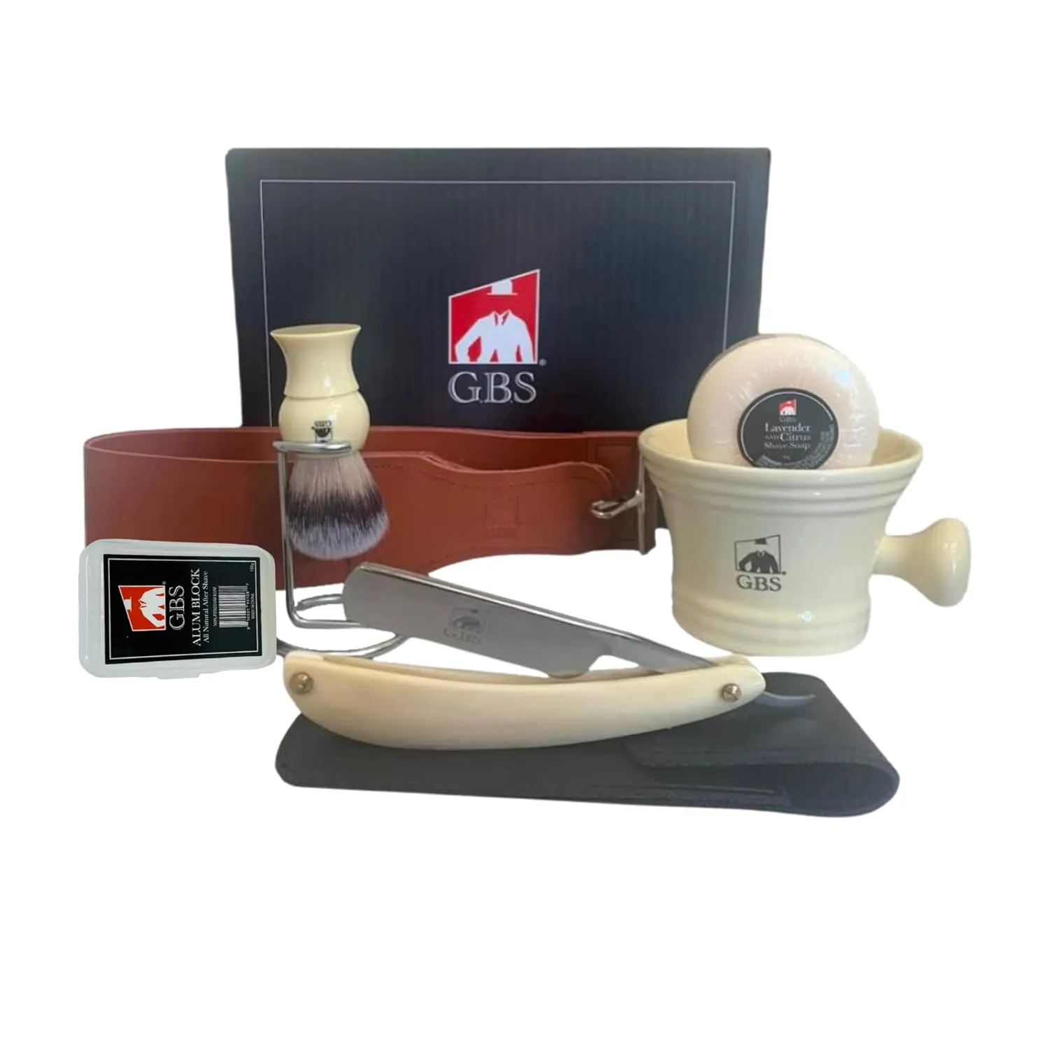 G.B.S Stylish Shaving Set - Shave Ready Straight Razor, Honing Sharpening Strop, Straight Razor Leather Case, Ceramic Mug Brush with Stand, Alum, Shaving Soap, Ivory
