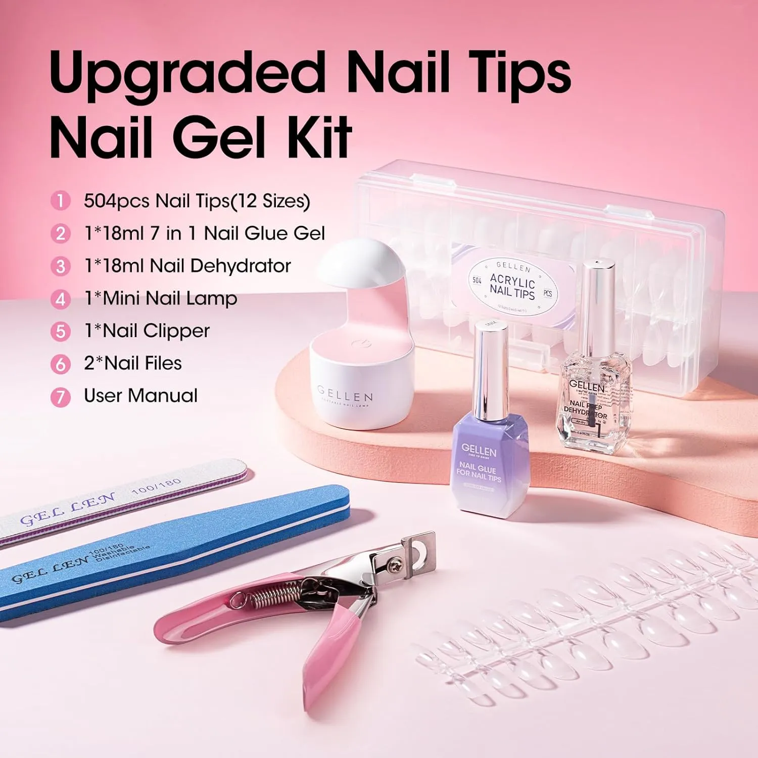 Gellen Gel Nail Kit Easy Nail Extension Set, 504Pcs Pre-Shaped Medium Almond x Gel Nail Tips, Gel Nail Glue, Nail Dehydrator, Mini LED Nail Lamp, Nail Clipper & Files, Home DIY Nail Art Manicure Gift
