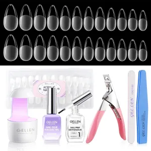 Gellen Gel Nail Kit Easy Nail Extension Set, 504Pcs Pre-Shaped Medium Almond x Gel Nail Tips, Gel Nail Glue, Nail Dehydrator, Mini LED Nail Lamp, Nail Clipper & Files, Home DIY Nail Art Manicure Gift