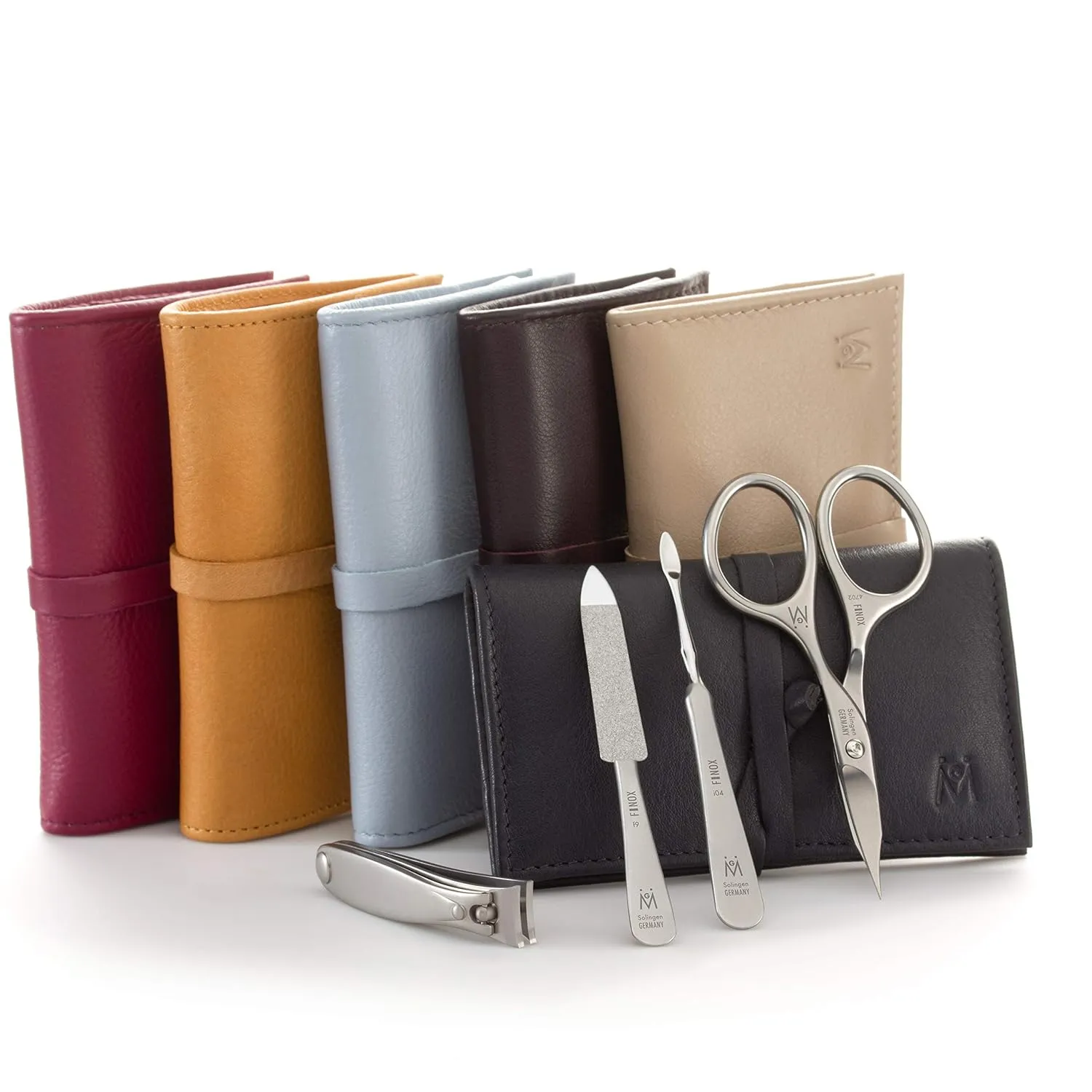 GERMANIKURE 4pc Manicure Set in Beige Leather Case - Made in Solingen Germany, FINOX Stainless Steel Tools – Professional Quality Compact Nail Grooming Kit