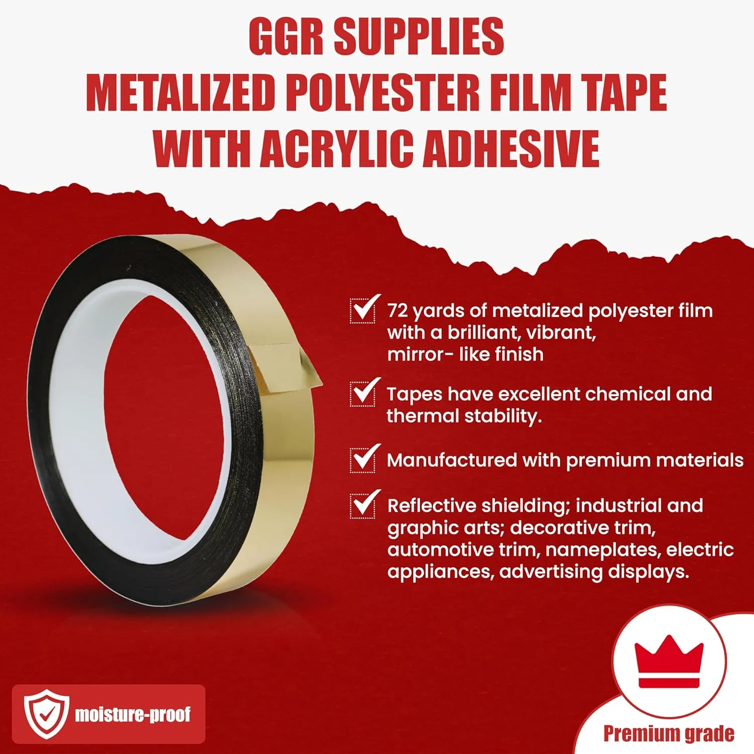 GGR SUPPLIES T.R.U. MMYP-1 Mylar Metalized Polyester Film Tape with Acrylic Adhesive. Multiple Colors Available. 72 Yards. (Silver, 1 in.)