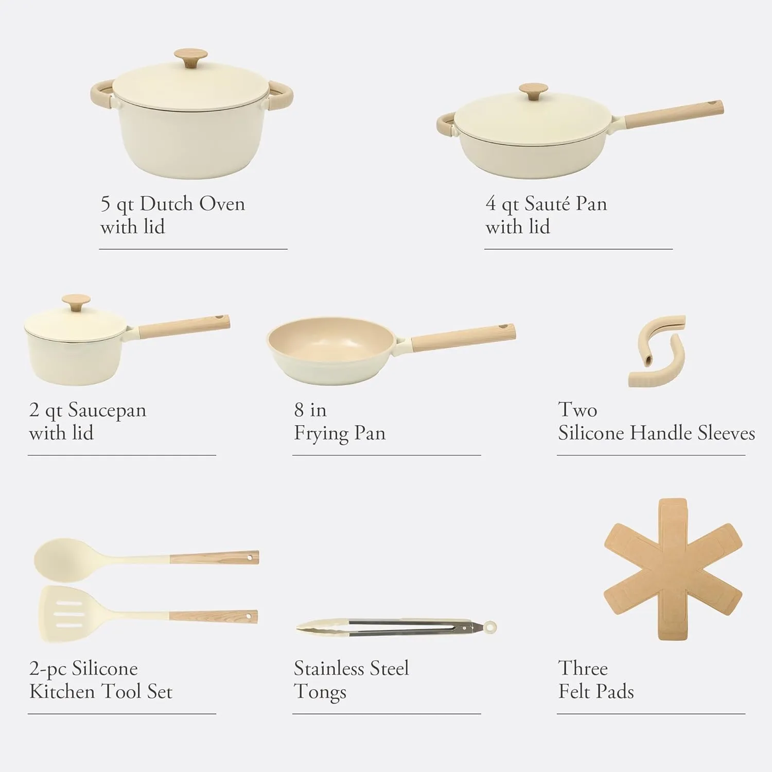 Gibson Elite Folkstone 13 Piece Pots and Pans Durable Cast Aluminum PFA Free Non stick Ceramic Coating Cookware Set W/Kitchen Tools and Protective Felts - Induction Safe - Linen White W/Wood Handle