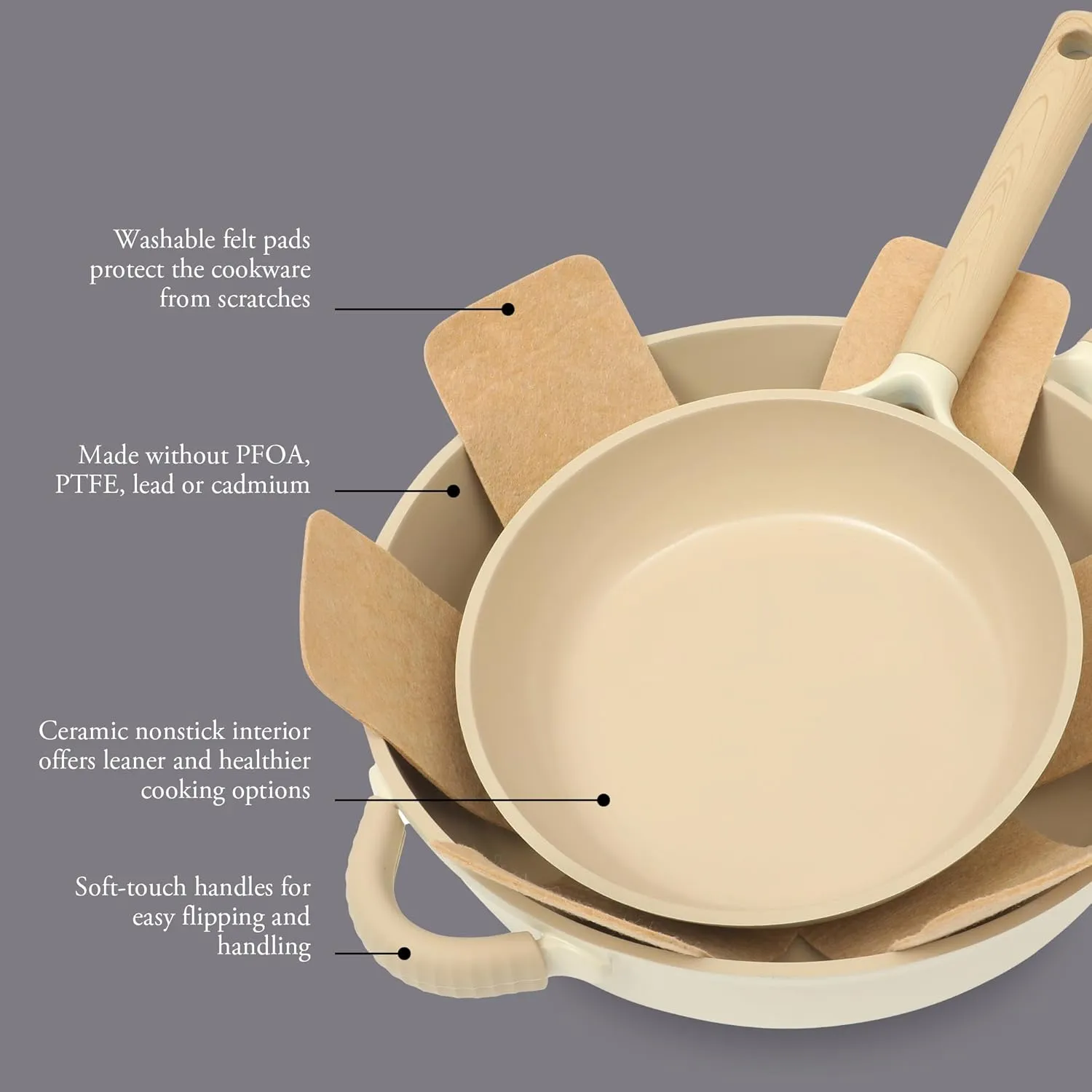 Gibson Elite Folkstone 13 Piece Pots and Pans Durable Cast Aluminum PFA Free Non stick Ceramic Coating Cookware Set W/Kitchen Tools and Protective Felts - Induction Safe - Linen White W/Wood Handle