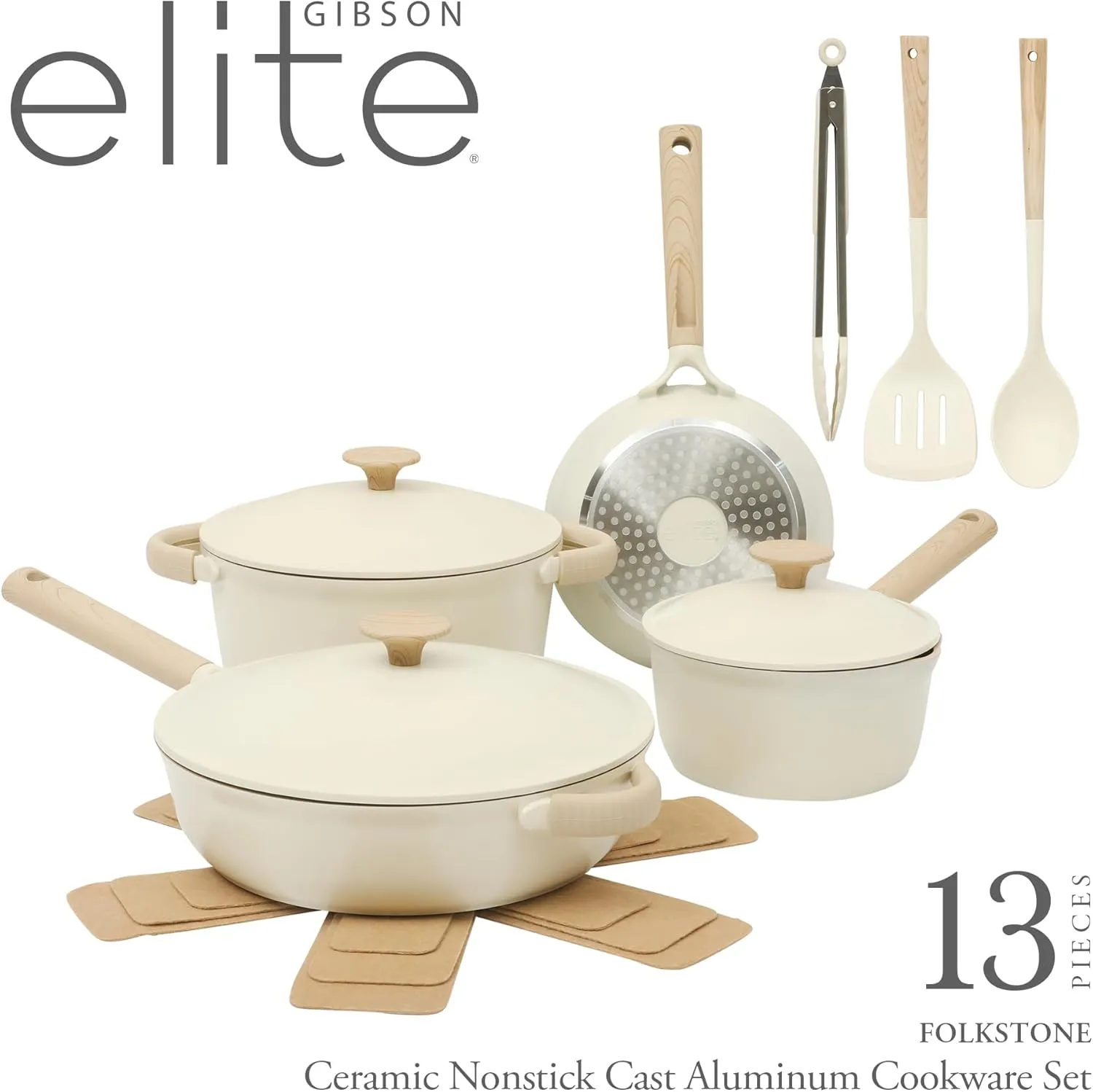 Gibson Elite Folkstone 13 Piece Pots and Pans Durable Cast Aluminum PFA Free Non stick Ceramic Coating Cookware Set W/Kitchen Tools and Protective Felts - Induction Safe - Linen White W/Wood Handle