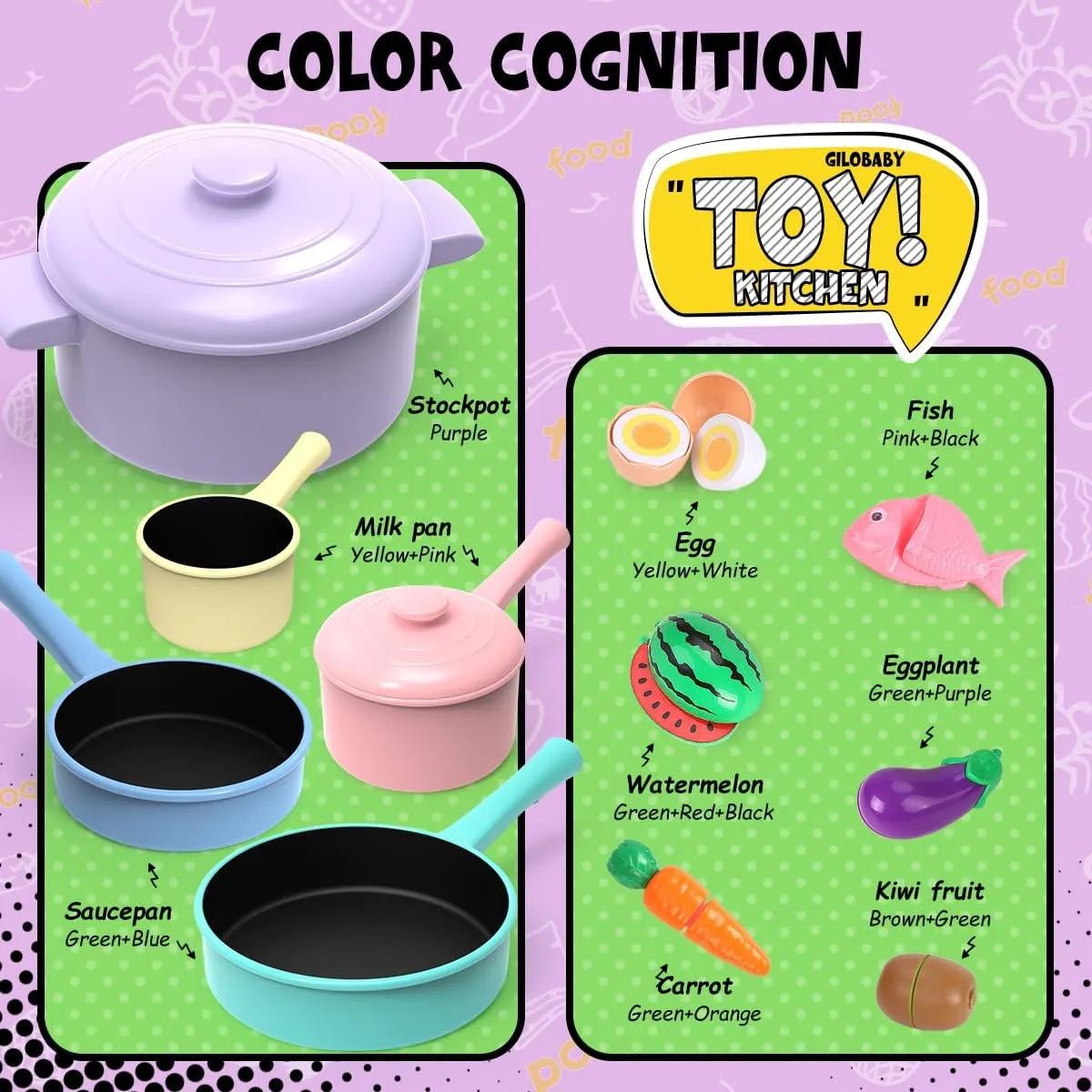 GILOBABY Play Kitchen Accessories, Play Food Sets for Kids Kitchen Playset with Pots and Pans Set, Cooking Utensils, Preschool Learning Education Toys for Toddlers, Birthday Gifts for Girls (Pink)