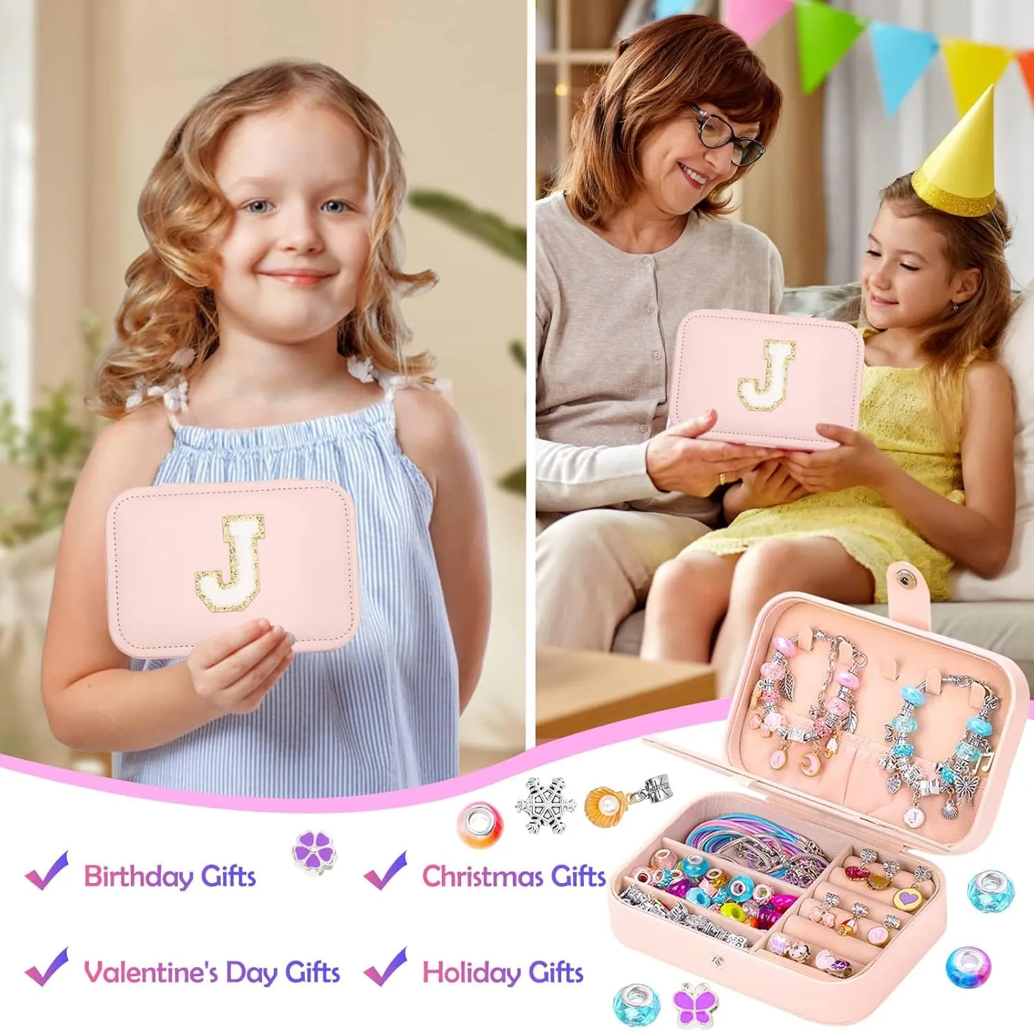 Girls Bracelet Charm Making Kit with Jewelry Box for Girls Charm Beads for Jewelry Making DIY Bracelet Craft Kit for Kids Age 8-12 Birthday Gifts Valentine Christmas