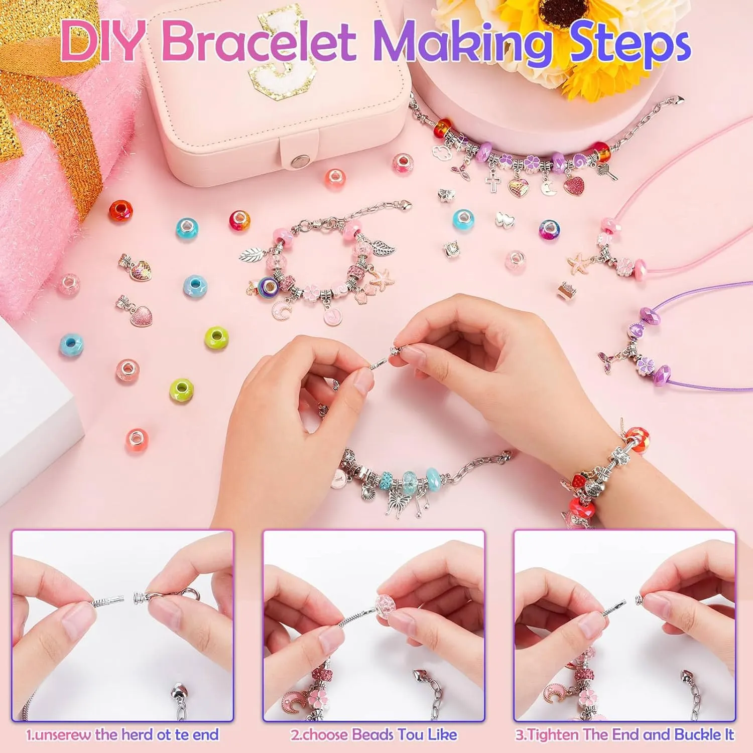 Girls Bracelet Charm Making Kit with Jewelry Box for Girls Charm Beads for Jewelry Making DIY Bracelet Craft Kit for Kids Age 8-12 Birthday Gifts Valentine Christmas