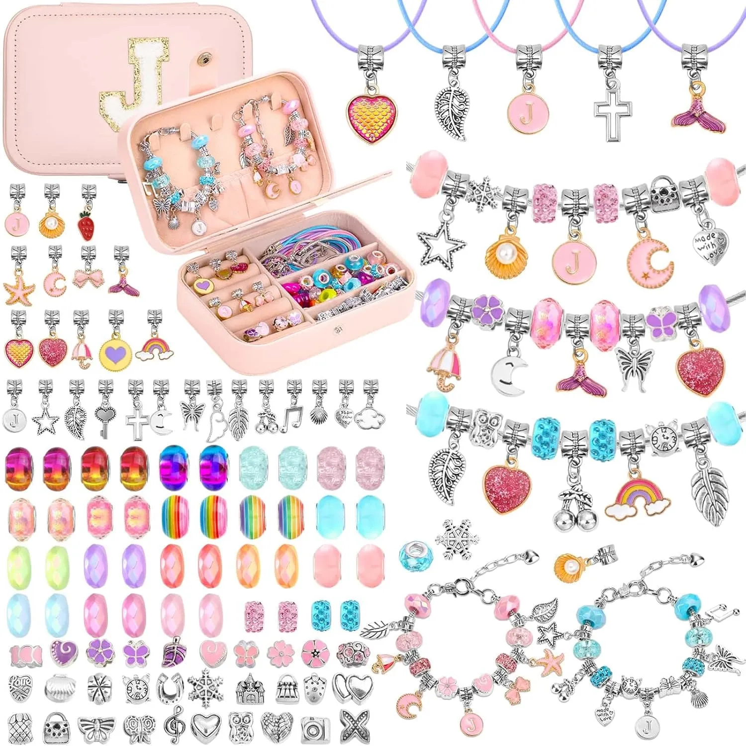 Girls Bracelet Charm Making Kit with Jewelry Box for Girls Charm Beads for Jewelry Making DIY Bracelet Craft Kit for Kids Age 8-12 Birthday Gifts Valentine Christmas