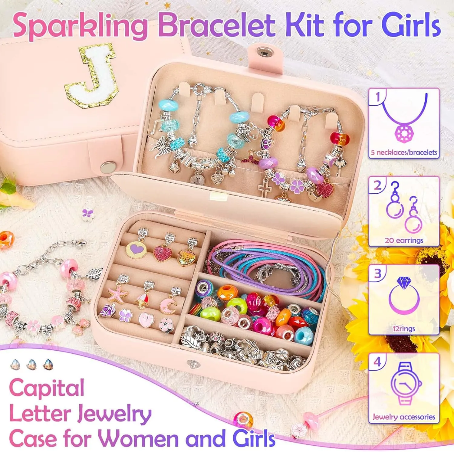Girls Bracelet Charm Making Kit with Jewelry Box for Girls Charm Beads for Jewelry Making DIY Bracelet Craft Kit for Kids Age 8-12 Birthday Gifts Valentine Christmas
