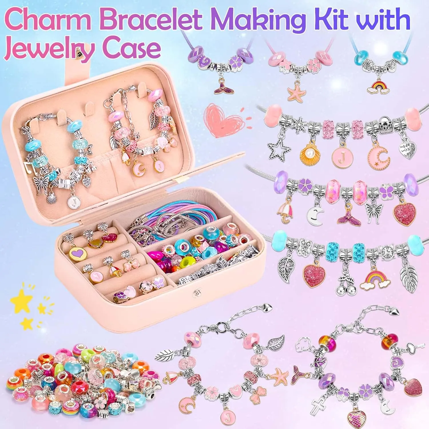 Girls Bracelet Charm Making Kit with Jewelry Box for Girls Charm Beads for Jewelry Making DIY Bracelet Craft Kit for Kids Age 8-12 Birthday Gifts Valentine Christmas