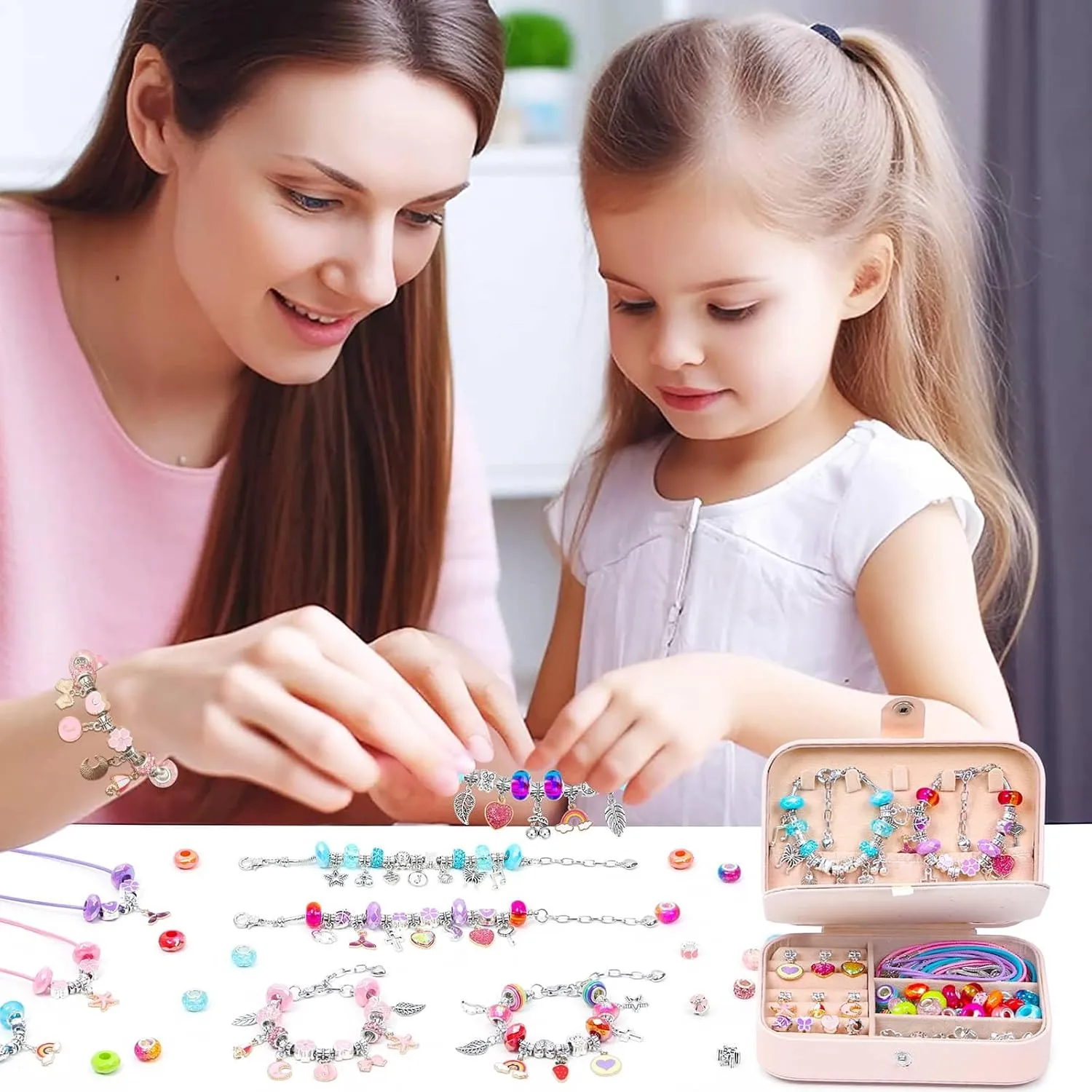Girls Bracelet Charm Making Kit with Jewelry Box for Girls Charm Beads for Jewelry Making DIY Bracelet Craft Kit for Kids Age 8-12 Birthday Gifts Valentine Christmas